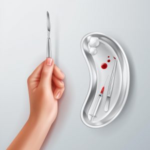 Vector hand holding scalpel and medical instruments in tray, isolated on background